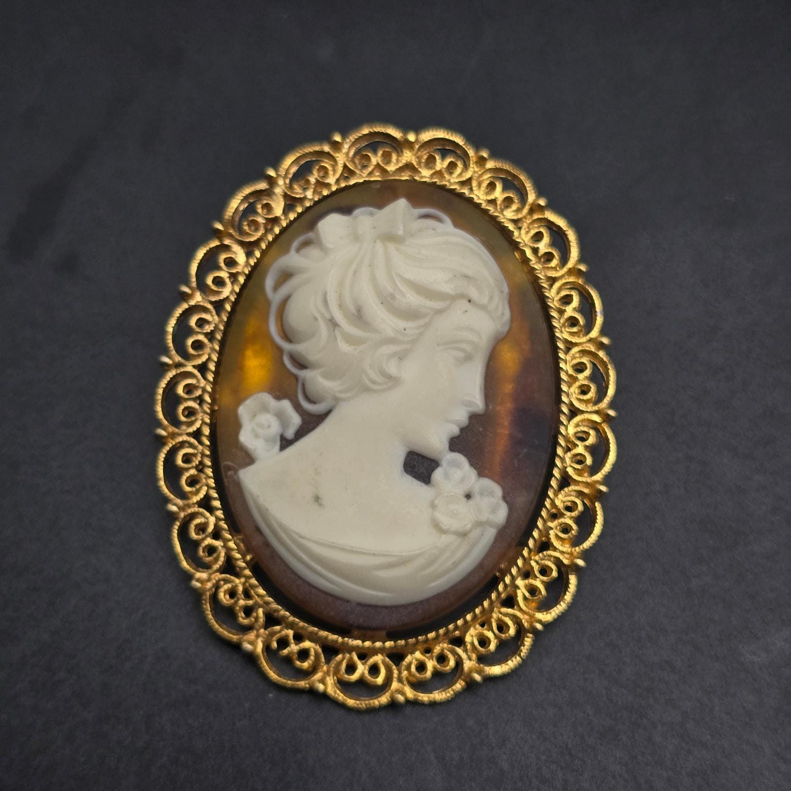 Vintage Cameo Brooch Acrylic Gold Tone Vintage Lady Portrait