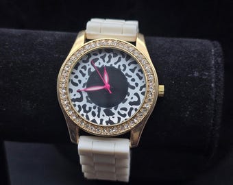 Women's Cheetah Print Quartz Watch White Silicon Band Rhinestones WORKS