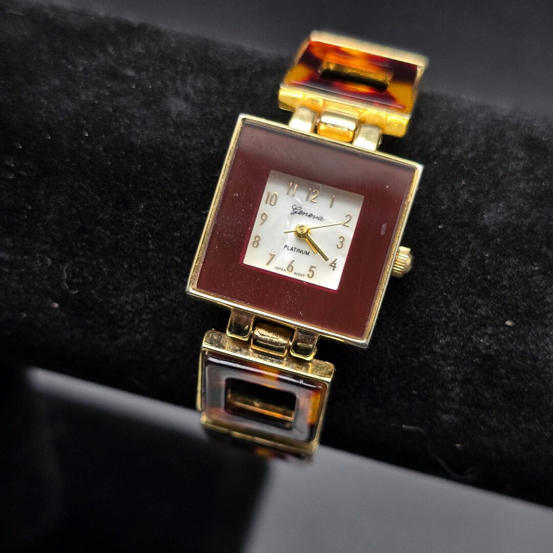 Geneva Faux Tortoise Shell Watch Gold Tone Links WORKS Working - Etsy