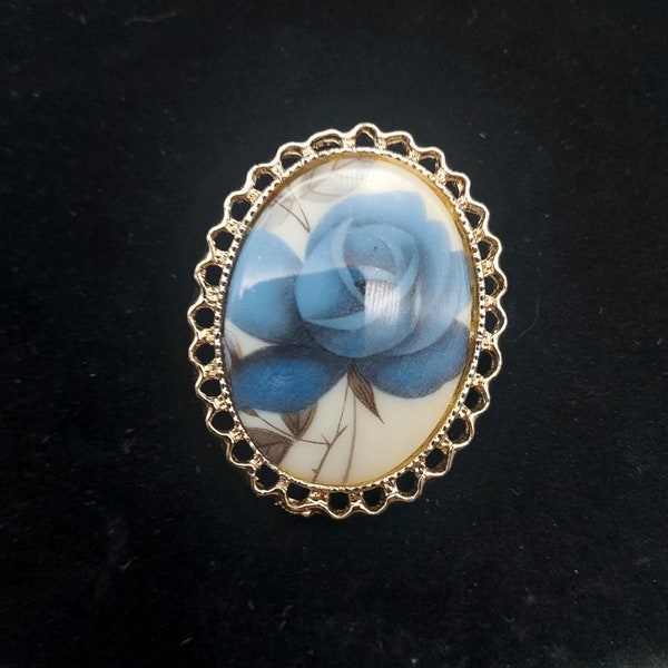 Blue Rose Brooch Oval Cameo Gold Tone Floral Ceramic Vintage Costume Jewelry