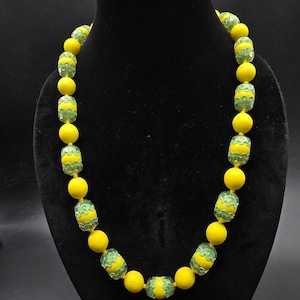 Vintage Hong Kong Beaded Necklace Bright Yellow Green Costume Jewelry