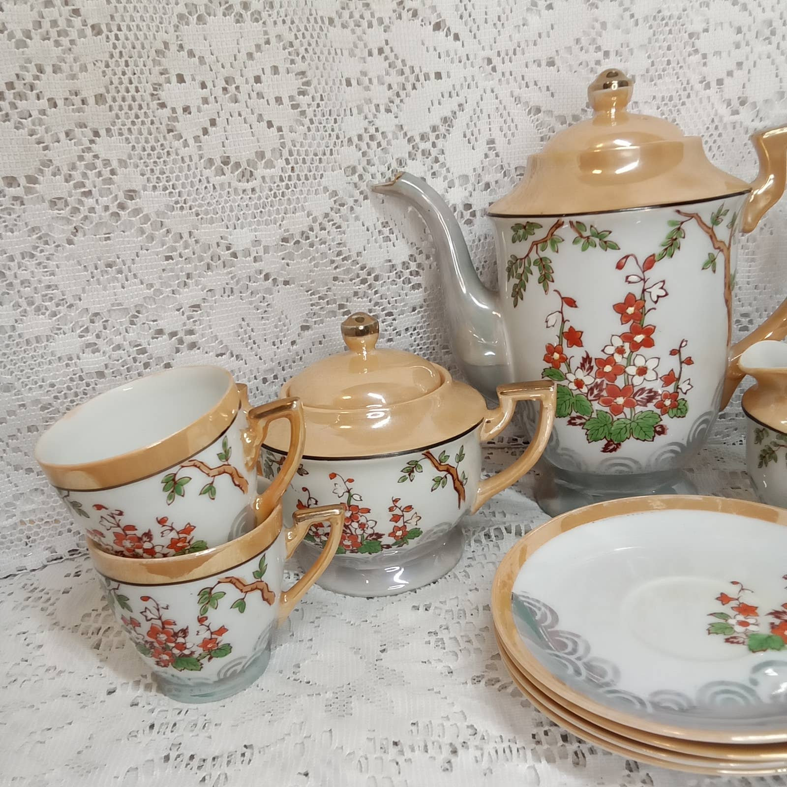 Chikaramachi Tea Set Handpainted Japan Lusterware Teapot Red Flowers