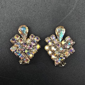 Aurora Borealis Rhinestone Clip On Earrings Vintage Glam Costume Jewelry
