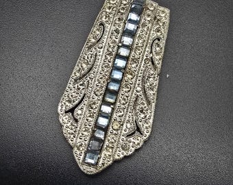 Art Deco Blue Clear Rhinestone Dress Clip Silver Tone Vintage
