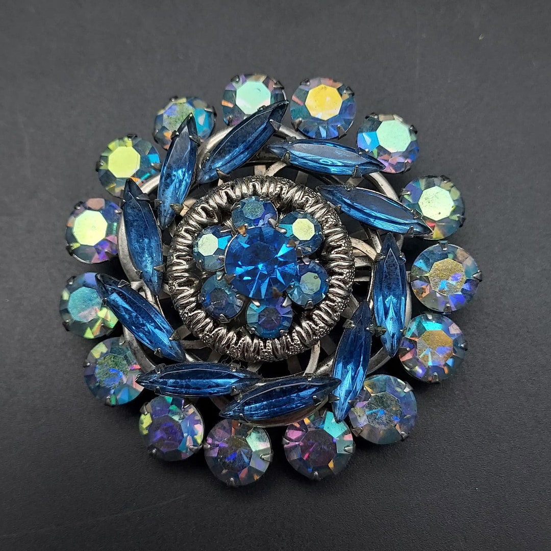 【1960’s】 SRO Alum rhinestone decorated Blue Rhinestone Brooch Aurora Borealis Vintage 1960s Glam