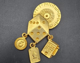 Gold Tone Casino Themed Brooch Charm Vintage Costume Jewelry