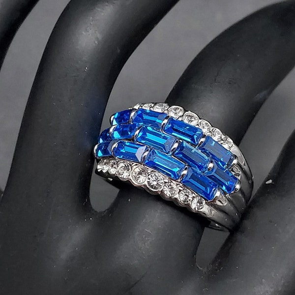 JTV Blue Baguette Rhinestone Ring 10K HGE Size 9 Statement Jewelry