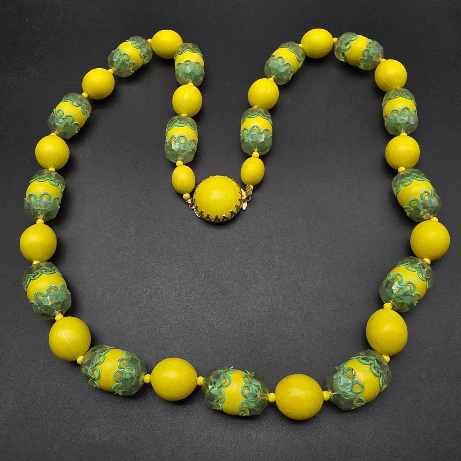 Vintage Hong Kong Beaded Necklace Bright Yellow Green Costume