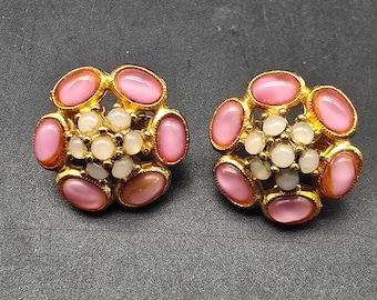Pink Flower Clip On Earrings Gold Tone Vintage Jewelry