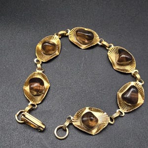 Ribbed Gold Tone Smokey Quartz Bracelet Vintage Costume Jewelry