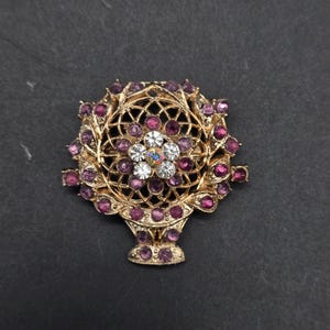 Purple Rhinestone Flower Basket Brooch Gold Tone Vintage Spring Easter Jewelry
