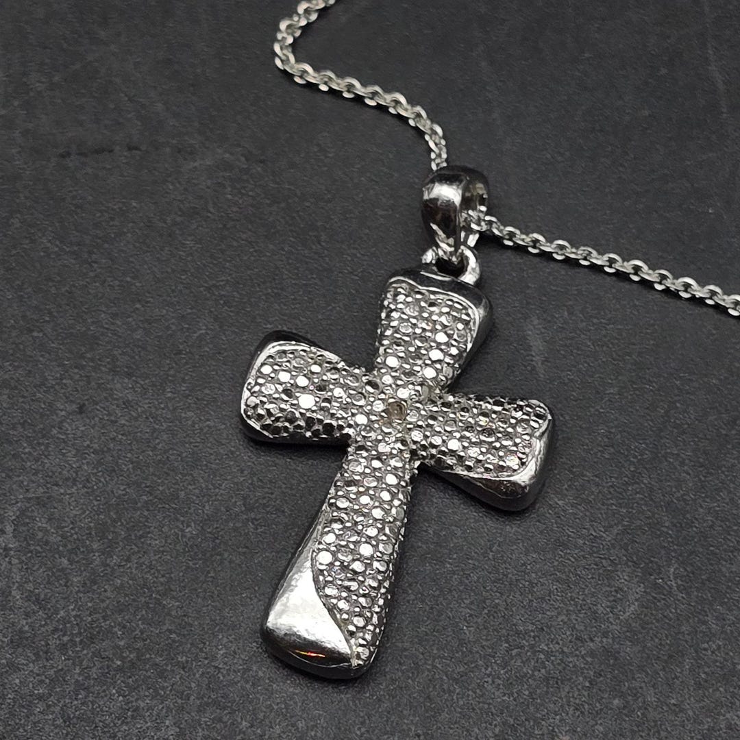 Fas Silver FAS Sterling Silver Cross Pendant Diamond Chip Accents Religious ...