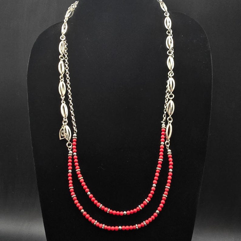 Brighton Red Beaded Necklace Silver Tone Double Strand image 4