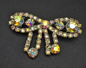 Aurora Borealis Rhinestone Bow Brooch Gold Tone Vintage Glam Costume Jewelry
