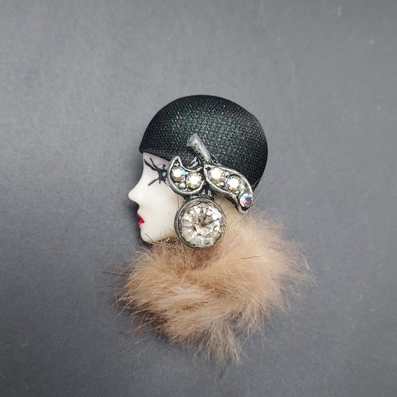 Art Deco Flapper Lady Face Head Brooch Artisan Ha… - image 1