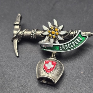 Vintage Engelberg Switzerland Souvinir Pin Brooch Silver Tone Enamel