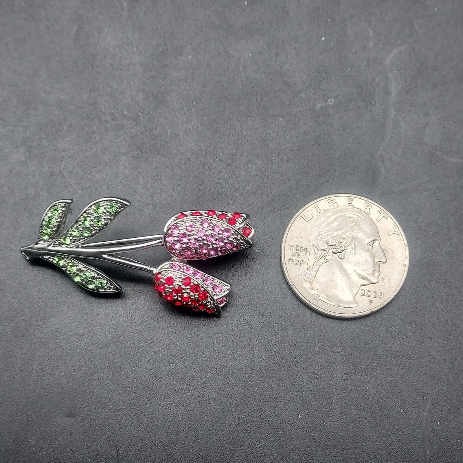 Vintage Rhinestone Tulip Flower Brooch Pink Red Green Spring