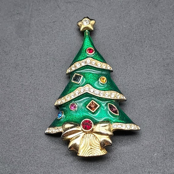 Franklin Mint Christmas Tree Rhinestone Brooch Gr… - image 6