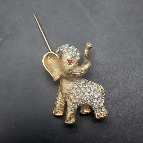 Gold Tone Pave Rhinestone Elephant Brooch Trunk U… - image 6