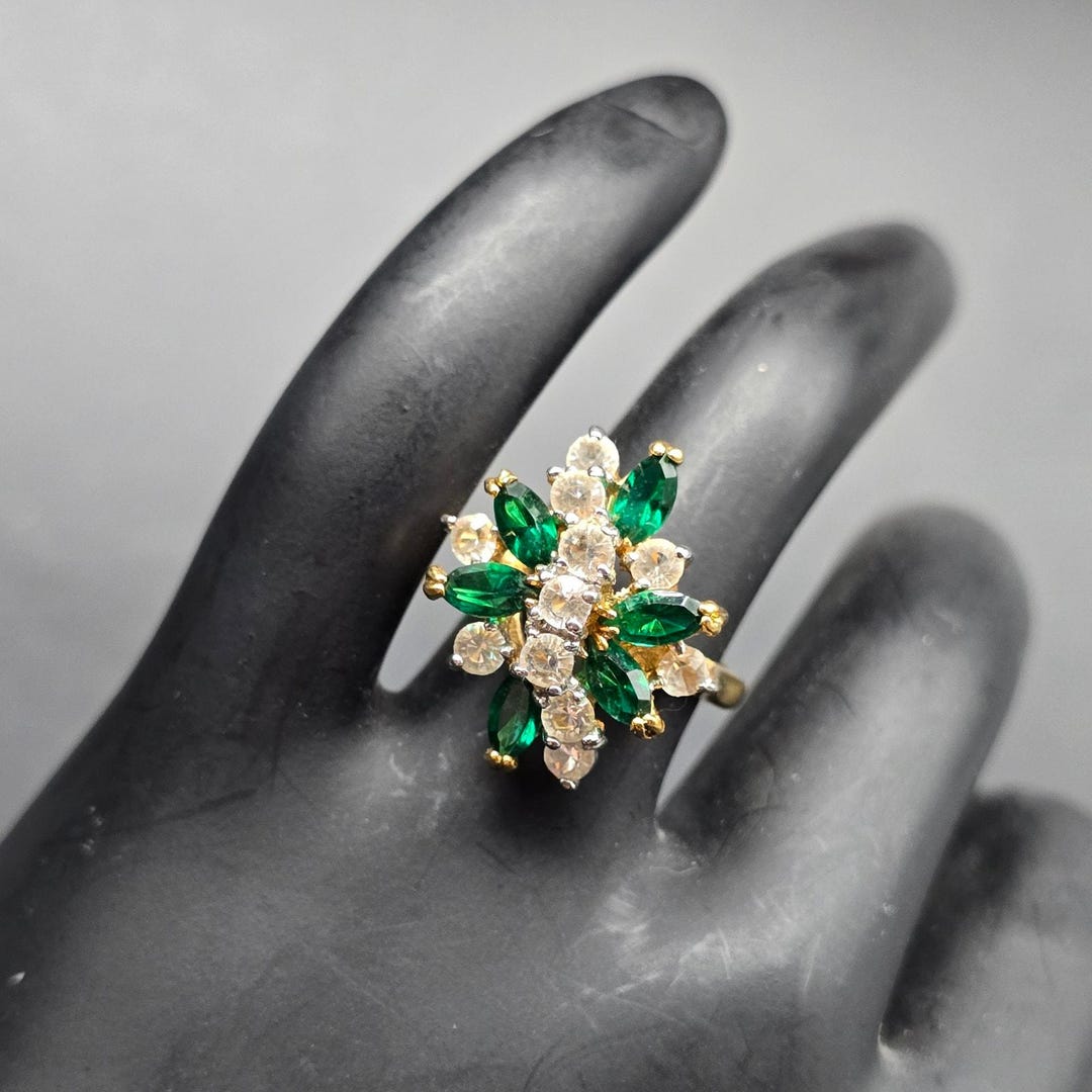 Vintage EDCO Green Clear Rhinestone Ring Size 6 Marquise Cut Statement ...