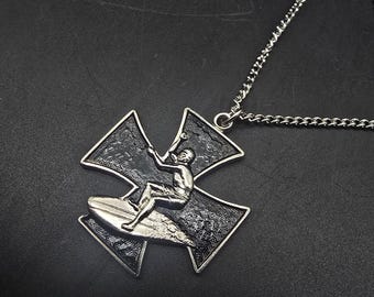 Vintage Surfer On Maltese Cross Pendant Necklace Black Silver tone NOS In Box