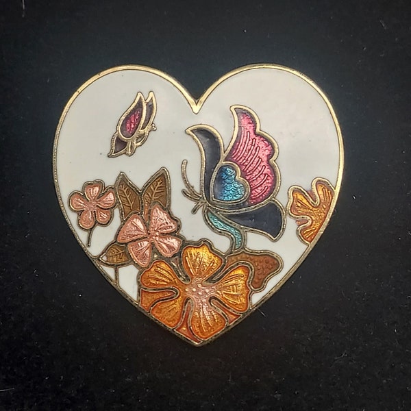 Cloisonne Heart Shaped Butterfly Brooch Enamel Floral Vintage Costume JEwelry