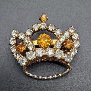 Vintage Yellow Rhinestone Crown Shape Brooch Costume Jewelry