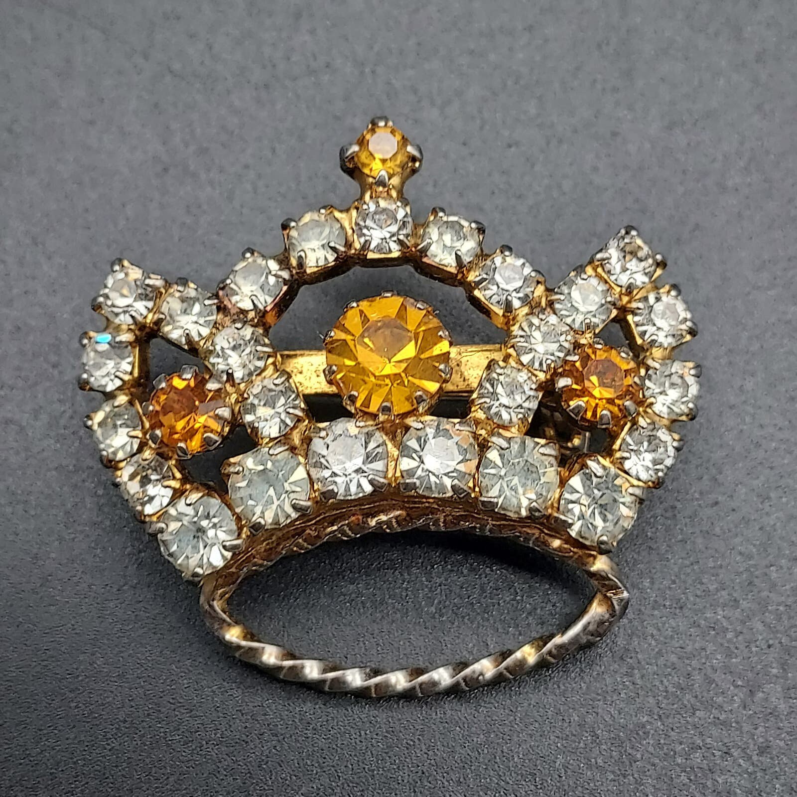 【限定品】 Shape Crown Rhinestone Yellow Vintage Brooch Jewelry Costume その他