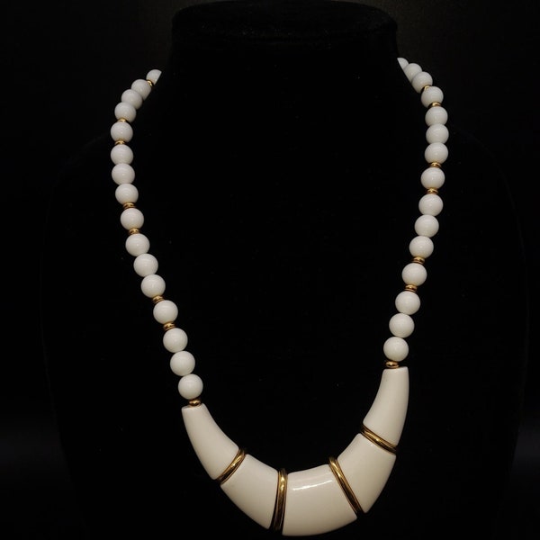 Napier White Beaded Necklace w/ Statement Bib Vintage Signed Costume Jewelry