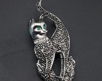 Silver Tone Cat Pendant Swarovski Crystal Green Eyes Vintage Esther Fuhrman NOS