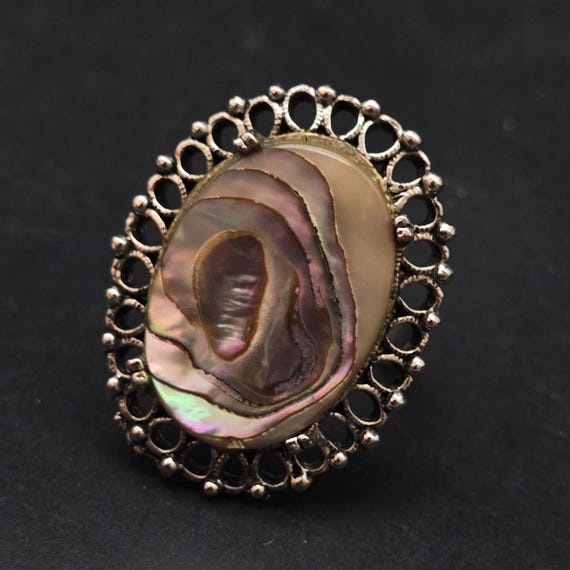 Vintage Abalone Shell Oval Ring Statement Size 10… - image 3