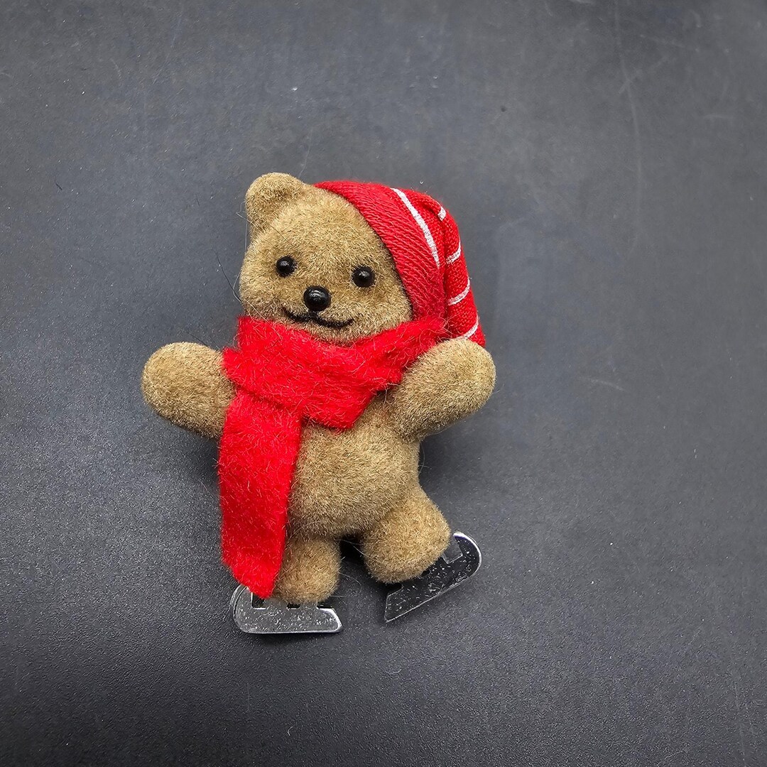 Fuzzy Ice Skating Bear Brooch Teddy Bear Winter Christmas 1990s