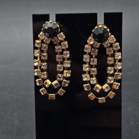 Black Clear Rhinestone Earrings Loop Dangle Drop … - image 1