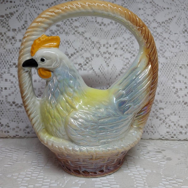 Vintage Ceramic Hen In a Basket Made in Brazil Luster Finish