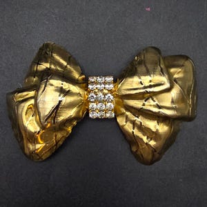 Large Gold Tone Rhinestone Bow Brooch Vintage Glam Feminine Costume Jewelry