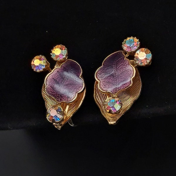 Purple Enamel Aurora Borealis Rhinestone Screw Back Earrings Vintage Jewelry