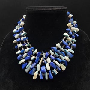 Vintage Japan Blue Shell Layered Necklace Multi Strand Costume Jewelry