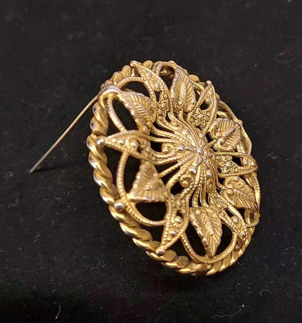 Vintage Freirich Gold Tone Flower Brooch Filigree Costume