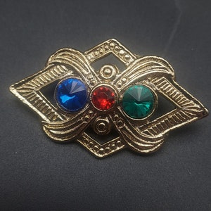 Gold Tone Multicolor Rhinestone Brooch Statement Vintage Costume Jewelry