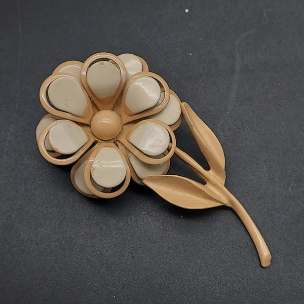 Enamel Flower Brooch Beige Cream Neutral Vintage Flower Power 1960s Jewelry