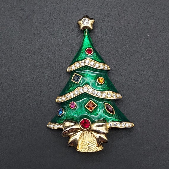 Franklin Mint Christmas Tree Rhinestone Brooch Gr… - image 1