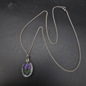 Vintage Reverse Carved Lucite Flower Pendant Necklace Purple Violet Dainty