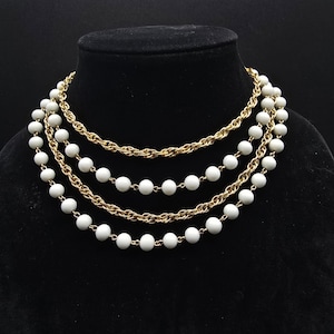 Vintage Gold Tone Chain White Beaded Layered Necklace Multi Strand