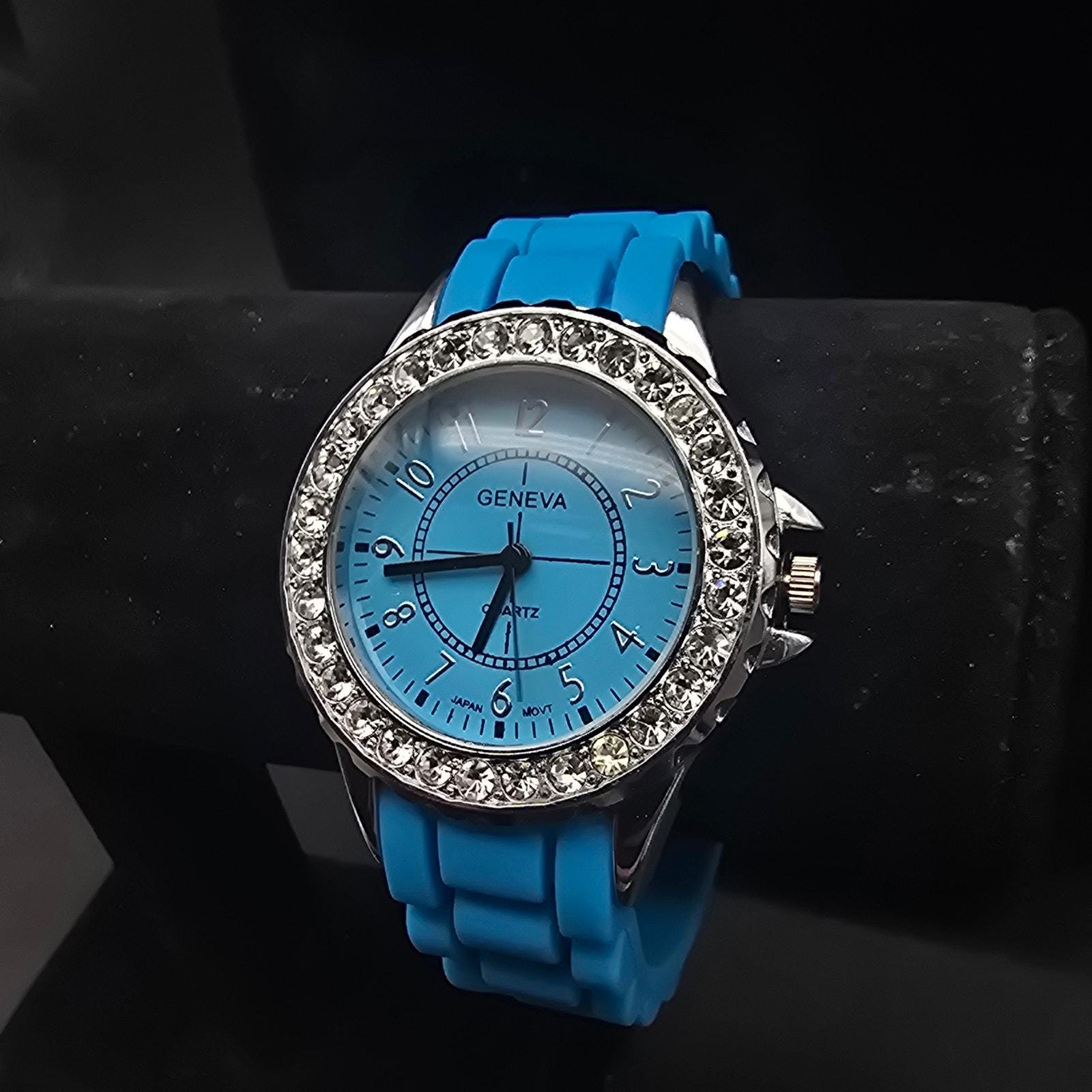 Geneva women\'s watch. Blue jeweled bevel, blue bangle band Blue Geneva Watch - Etsy main image 2