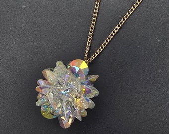 Aurora Borealis Beaded Pendant Necklace Disco Ball Gold Tone Chain Vintage