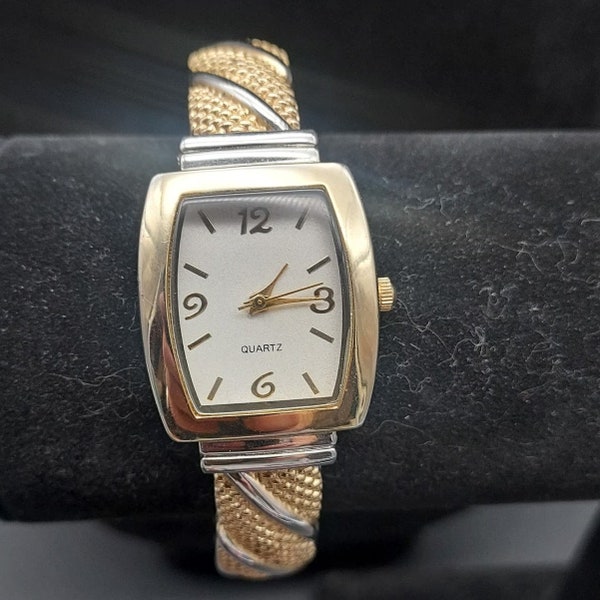 Gold Tone Silver Tone Cuff Bracelet Womens Wrist Watch