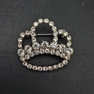 Clear Rhinestone Crown Brooch Silver Tone Vintage Costume Jewelry