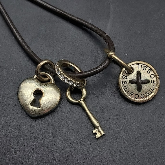 Fossil Brand Lock and Key Charm Necklace Long Bro… - image 2