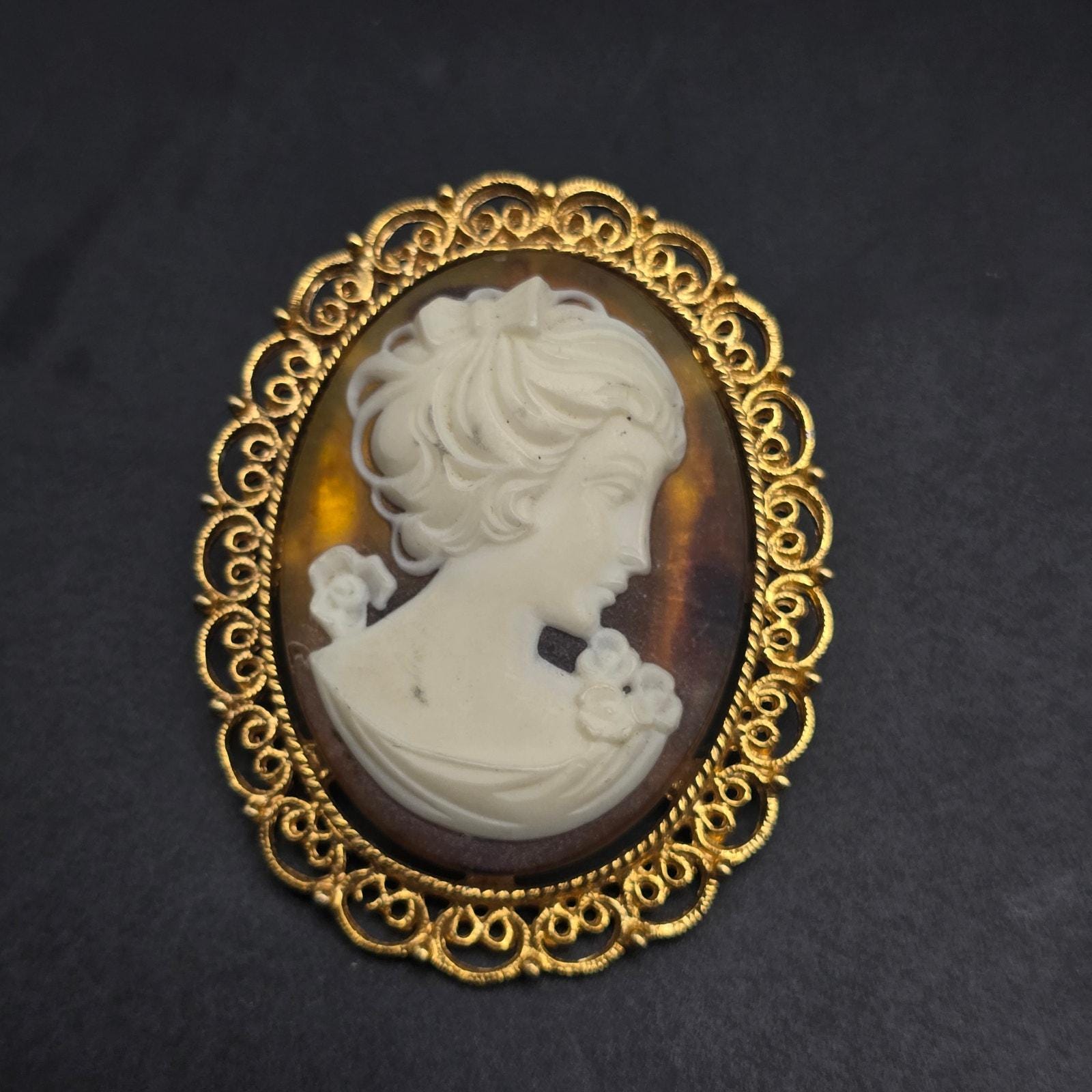 Vintage Cameo Brooch Acrylic Gold Tone Vintage Lady Portrait