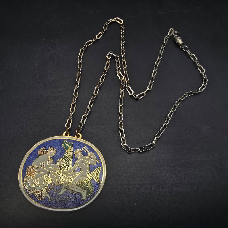 Greek Mythology Cloisonne Pendant Necklace Neptune Enamel Vintage Jewelry image 7